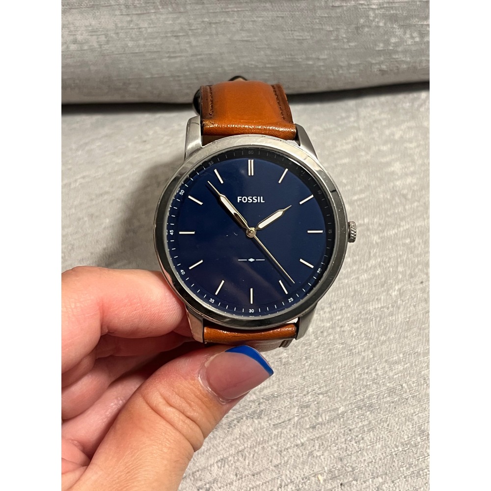 Fossil Minimalist Mens Watch Navy Blue Dial Brown Leather Strap FS5305
